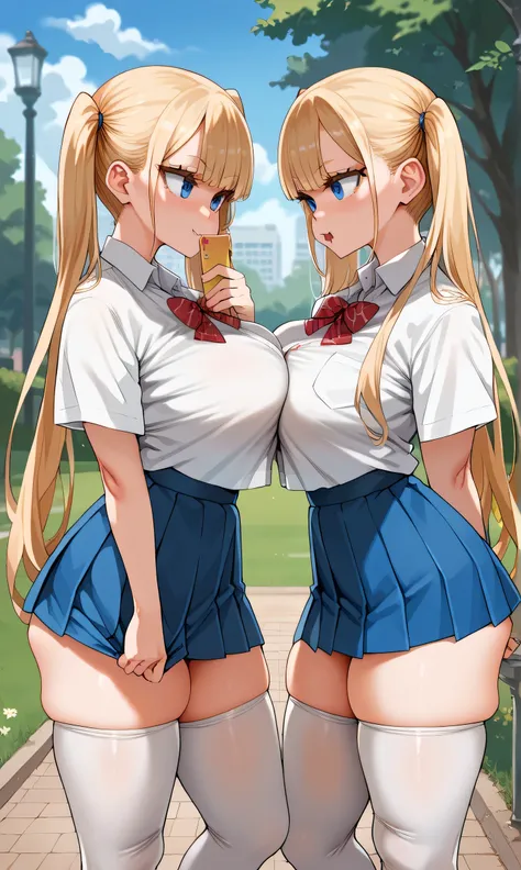 score_9,score_8_up,score_7_up,score_6_up,score_5_up,score_4_up,(source_anime),2girl identical,solo,long hair,breasts,looking her phone, blue eyes,skirt,blonde hair,shirt,thighhighs,twintails,very long hair,school uniform,thighs,pleated skirt,fang,huge brea...