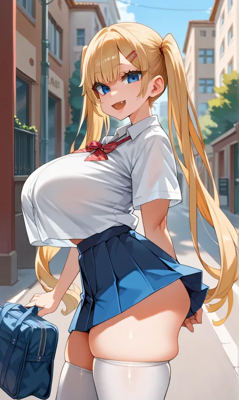 score_9,score_8_up,score_7_up,score_6_up,score_5_up,score_4_up,(source_anime),1girl,solo,long hair,breasts,looking at viewer,smile,open mouth,blue eyes,skirt,blonde hair,shirt,thighhighs,twintails,very long hair,school uniform,thighs,pleated skirt,fang,hug...