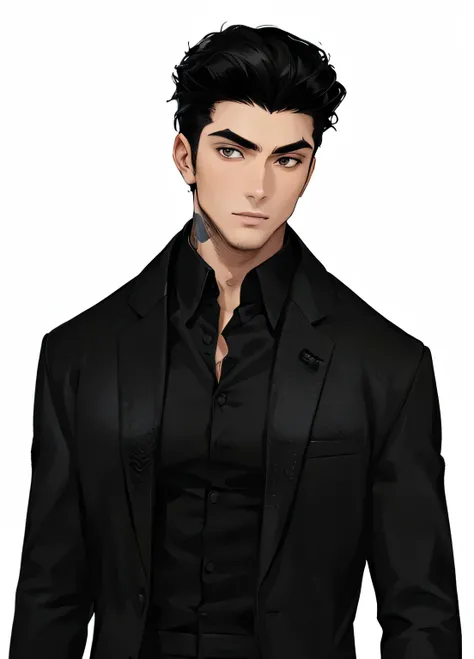 man with a black suit and a black shirt and a black tie, dark suit,man in black suit, Wearing black suit , androgynous male , inspired by Aleksander Gine, gummed black hair , formal black suit. Detailed, wearing a black suit