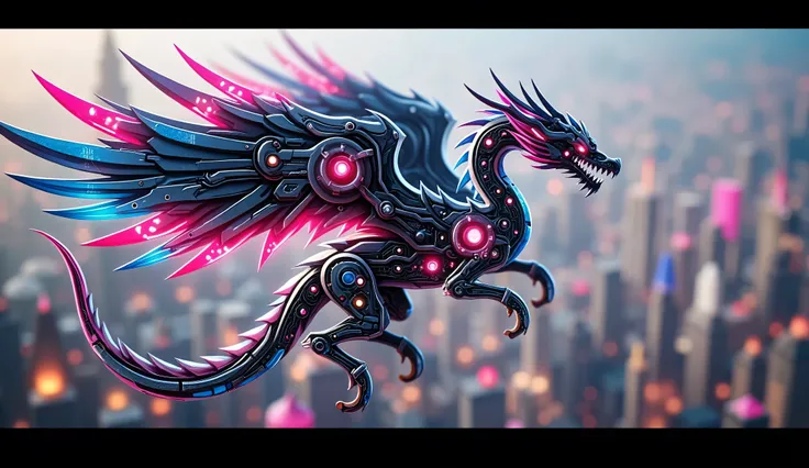 surreal fantasy, cyberpunk, steampunk, neon, A dragon with mechanical wings and glowing circuits, soaring over a futuristic city.: unreal engine, artstation, vray, natural raw unreal tpose, tsutomu nihei, macro photography, depth of field, ray tracing