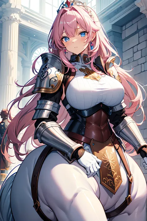 4k,high definition,one woman,Centaur,pink hair,long hair,blue eyes, brown fur,huge , Himeji Knight,White sacred armor,sleeveless,Horizontal milk,heavy armor, White Armor Gloves,Princess Tiara,Jewelry decoration,longsword with a pattern,medieval castle