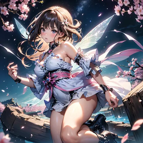 absurd、fantasy around the eyes、fantastic、mysterious、PERFECT ANATOMY、(((dynamic best composition、of the best quality、masterpiece、Super Detail、high definition))),It's on top of a large cherry blossom petal、translucent、Star Fairy、costumes with motifs of stars...