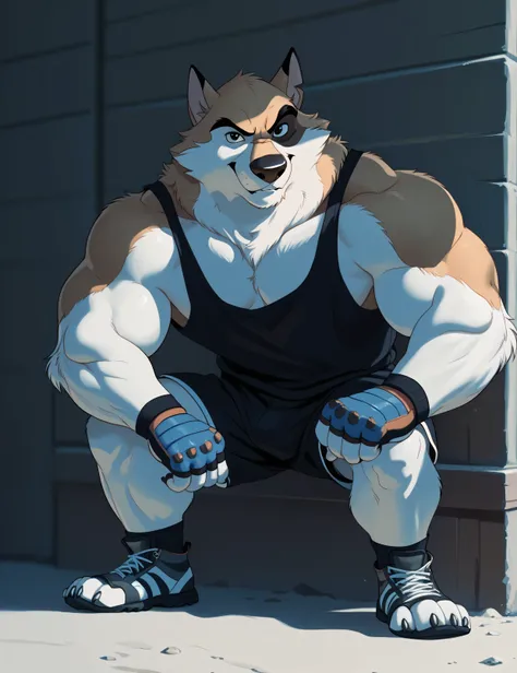 Kaltag pny, alaskan malamute, solo, detailed, detailed face, detailed eyes, anthro body, male, adult, very muscular:1.1, cartoon shading, cel shaded:1.0, flat colors, shirtless, wfa style, negger style, cartoony anatomy, above waist, looking at viewer, arm...