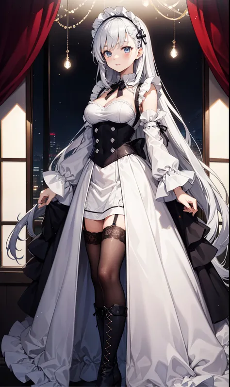 goddess，obsessed，have fun，in love，(White transparent maid uniform，With a long skirt)，Silver Hair，Blue Eyes，Transparent Clothes，Exquisite hair accessories，Transparent lace，Sky blue pattern，night，Dress nicely，bedroom，solitary，night，Engraved suspender boots，B...