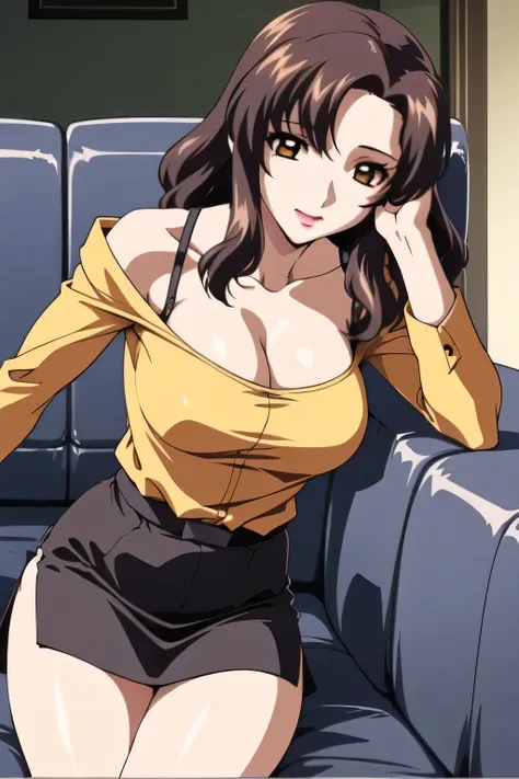  The work is、I'm surprised that alone is this amazing，don't trim my face because I need it for work，yellow shirt，I'm wearing a dark blue miniskirt and G-pan， lying on the couch ,    Big black wavy hair, ,  ,   Delicate Facial Features,  , My waist is thin ...
