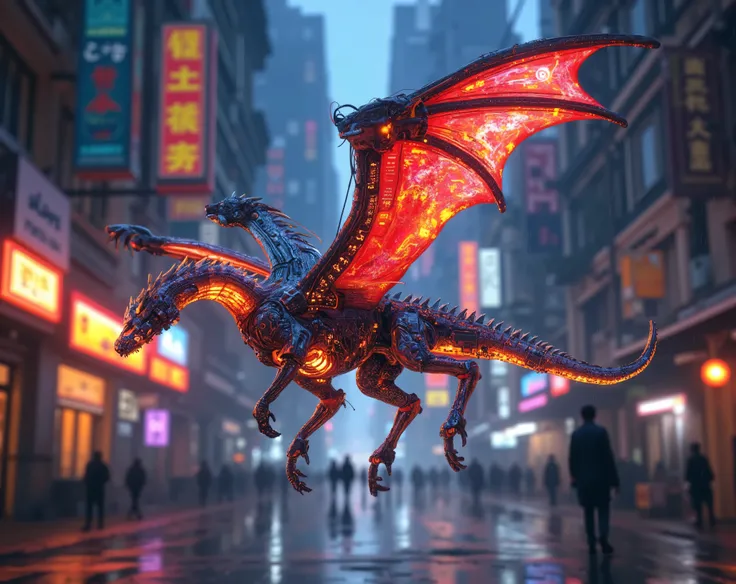 surreal fantasy, cyberpunk, steampunk, neon lights, A dragon with mechanical wings and glowing circuits, soaring over a street in a futuristic city.: artgerm, highly detailed, ilya kuvshinov, volumetric light, yoshitaka amano, Canon50, infrared