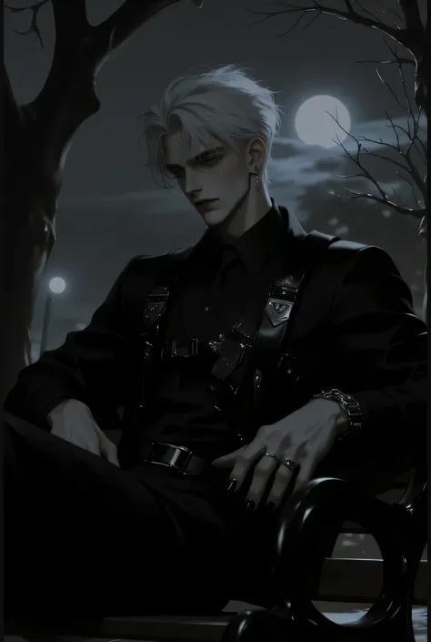 A tall and imposing man sits on a park bench, his barely discernible silhouette in the gloom. The scant moonlight filters through the bare branches, barely outlining his figure with a faint and cold glow. His posture is firm , with his shoulders straight ...