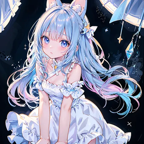 best details、of the best quality、masterpiece、Super Detail、high definition、vtuber-halfbody、Star Fairy Idol、Navy and orange space pattern clothes、bangs shorter than eyebrows、of the best quality、best illustrations、very detailed、upper body、solo、1 girl、camera h...