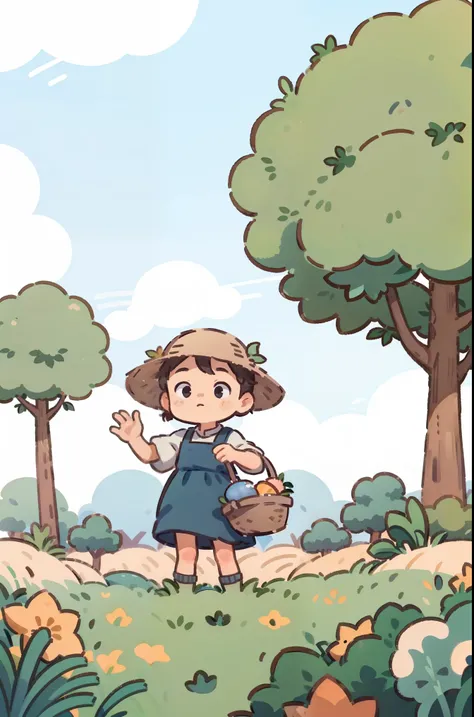 concentric,A girl is in a field,Holding the basket with one hand,The other hand waved in the air to say hello,1 garota,outono,campo,campo de flores,Grama,natureza,Fora,Sozinho,arroz,Ripe arroz,colheita,tema amarelo. fundo bonito,bichu,oil painting,Impressi...