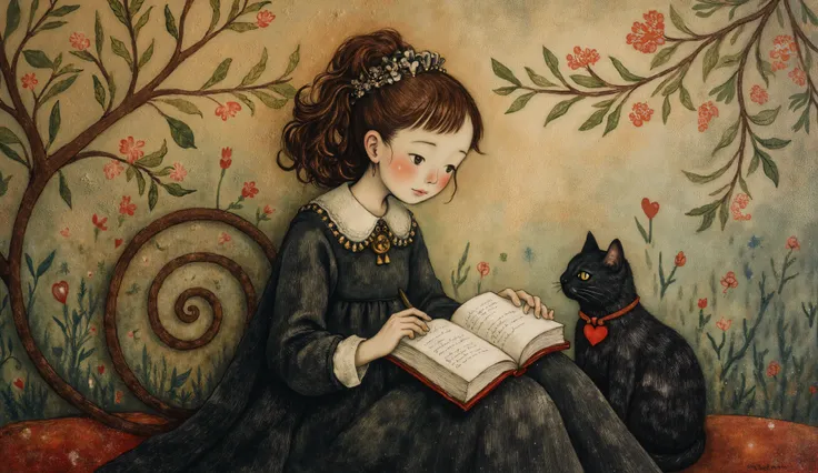 painting of a woman reading a book with a cat sitting next to her, whimsical art, story book art , woman and cat, beautiful and intricate painting, Fairy tale of witch,  intricate fantasy painting , magical realism and dark fantasy, dreamy art, whimsical s...