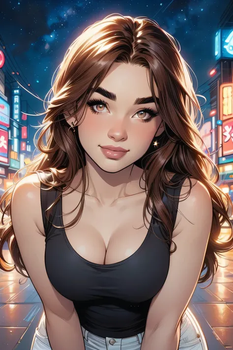 perfect face, perfect body, brown hair, long hair, forehead, brown thin eyebrows, big brown eyes, black eyeliners, blush, nose, round lips, smile, beautiful girl, collarbone, cleavage, medium breasts, black scoop tank top, white pants, standing, (thick thi...