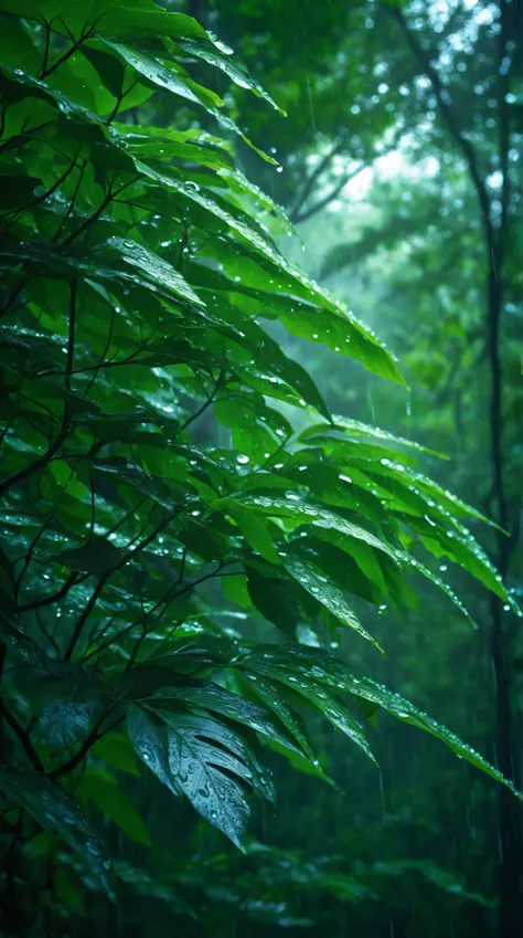 {
"prompt": "A hyper-realistic close-up of tree leaves in a rain-drenched forest, with an intense sense of depth. The foreground is filled with highly detailed leaves, each one glistening with raindrops that are clearly visible. The leaves gradually fade...
