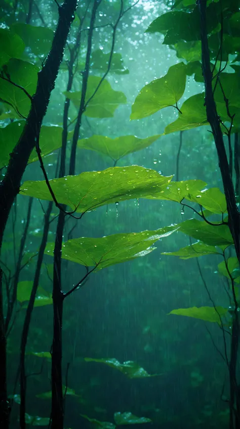 {
"prompt": "A hyper-realistic close-up of tree leaves in a rain-drenched forest, with an intense sense of depth. The foreground is filled with highly detailed leaves, each one glistening with raindrops that are clearly visible. The leaves gradually fade...