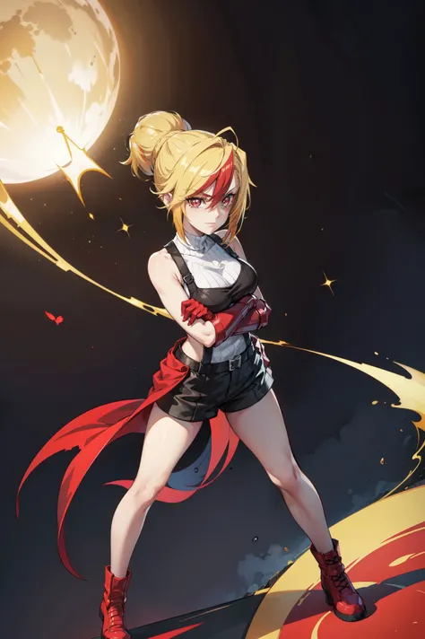 (masterpiece, best quality:1.2), red glowing eyes, red eyes, the eyes are red, perfect face, , strong make up, highres, 1 girl, solo, ultra long ponytail, (female:1.5), strife, blonde hair, shoulder armor, sleeveless turtleneck, suspenders, belt, gloves, b...