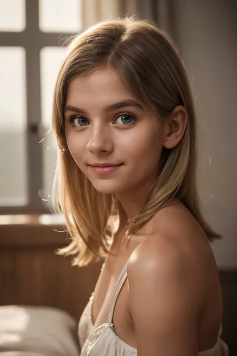 1girl, Agnes Aurora Aksnes, mischievous grin. (((facing the camera, looking at the camera, looking at the viewer))). Masterpiece, photorealistic, raw photography, soft lighting, top quality, best quality, upper body, toned. Indoors, even illumination, real...