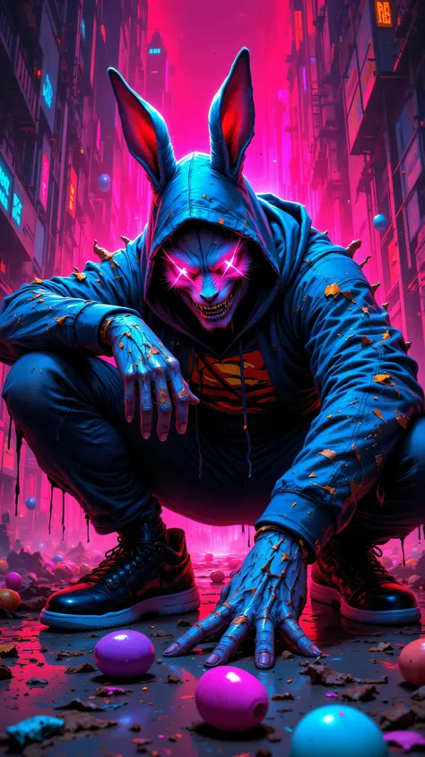 8k, Masterpiece, Top Quality, Low-angle, crouching, rabbit mask, neon pink ears, glowing X eyes, hoodie, Air Jordans, vibrant, neon splashes, Easter eggs, dynamic, energetic, stylized, futuristic, cyberpunk, dripping paint, intricate detail, psychedelic.