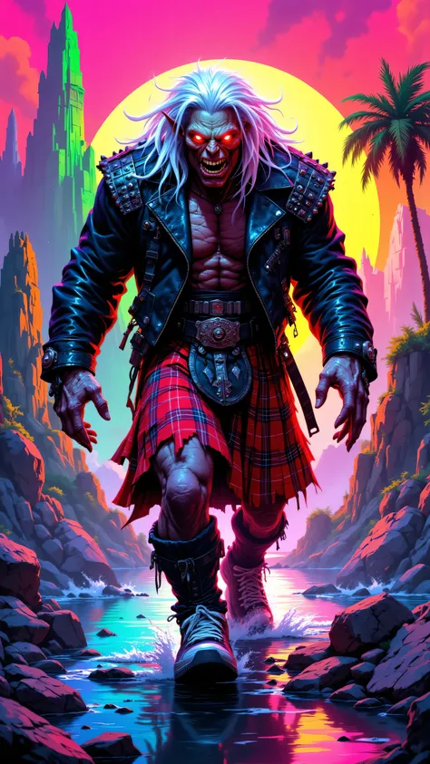 8k, Masterpiece, Top Quality, Low-angle, monstrous, orc, gaunt face, sharp teeth, glowing red eyes, long white hair, studded leather jacket, vibrant plaid kilt, oversized sneakers, mid-stride, blurred motion trail, jagged rock formations, calm water, neon ...