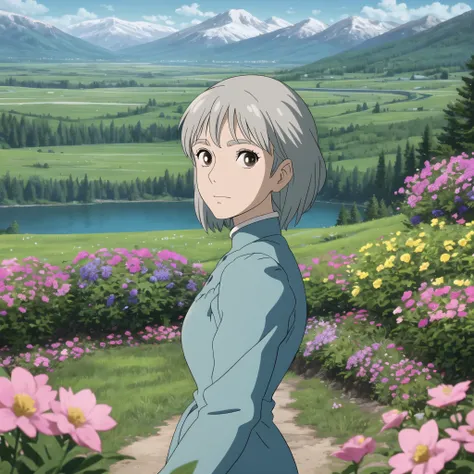 upper body, (best quality), (masterpiece), (solo), 1girl, grey hair, brown eyed, medium length hair, blue dress, grass, flowers, lake, trees, mountains, sunny, looking at viewer