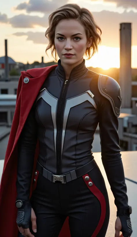 Britt Lower as Deande, powerful, elegant, futuristic, short wavy blonde hair, hair ornament, intense grey eyes, sharp facial markings, makeup, grey lipstick, sleek form-fitting dark grey and red high-tech uniform with armored details, exuding authority and...