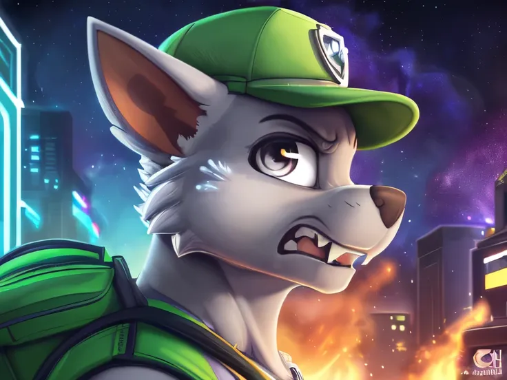 Rocky ((Paw Patrol)), ((male solo)), (male:1.95)domestic dog, male, adult male, brown eyes, (((gray fur)), ((gray body)), (wearing Paw Patrol gear:1.25), (wearing a green cap:1.25), (wearing Paw Patrol bagpack:1.45), (feral:2.25), (quadruped:2.25), ((sharp...