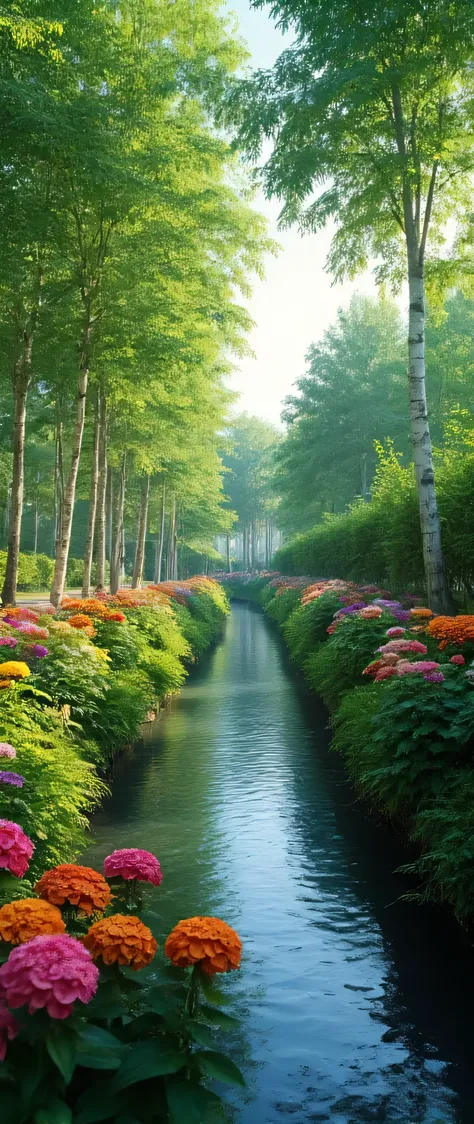 high image quality画像では、beautiful images(Extremely impressive SiveCG Unity 8k images),spectacular canal images of white birches in the woods,high image quality,Flower season,Seven Colored Detailed Flowers,realistic images、Blue sky passing through、fascinatin...