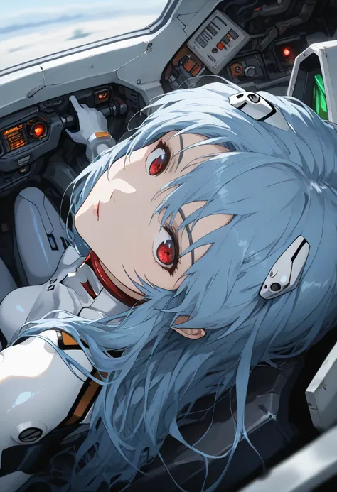 best quality, masterpiece, looking at viewer, 1girl,portrait of r31ayanam1, Inside the robot, Driving a robot, 1girl, blue hair, red eyes, long hair style, white plugsuit, from above ,On side