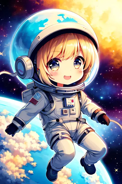 1girl is an astronaut, chibi:1.3, hubble, looking at viewer, beaming smile:1.3, gallant, proud, spacesuit:1.3, helmet:1.1, globe, (absurdres, masterpiece, 8K)