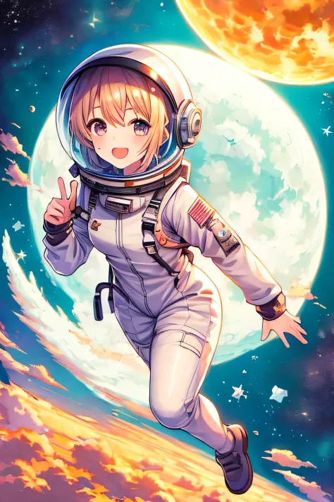 1girl is an astronaut, chibi:1.3, hubble, looking at viewer, beaming smile:1.3, spacesuit:1.3, helmet:1.1, globe:1.4, (absurdres, masterpiece, 8K)