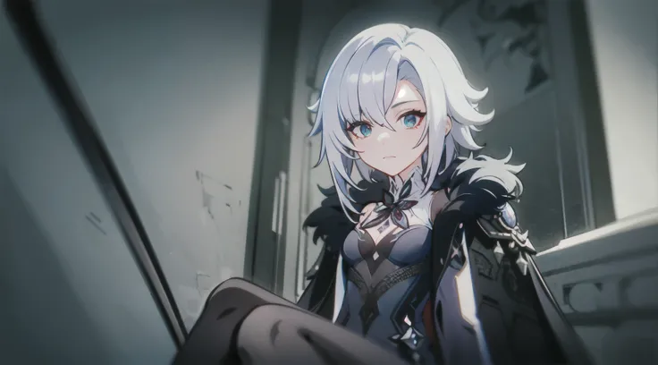 1girl, (solo), ((masterpiece)), (shadow), [slim], (small breasts), (detailed), cinematic lighting, (textured skin), ((sharp focus)), ((very clear)), winter coat, leggings, shoes, palace, (throne:1.2), white hair, black hair, blue eyes, (cross-shaped pupils...