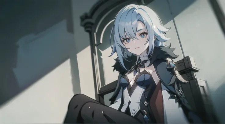 1girl, (solo), ((masterpiece)), (shadow), [slim], (small breasts), (detailed), cinematic lighting, (textured skin), ((sharp focus)), ((very clear)), winter coat, leggings, shoes, palace, (throne:1.2), white hair, black hair, blue eyes, (cross-shaped pupils...