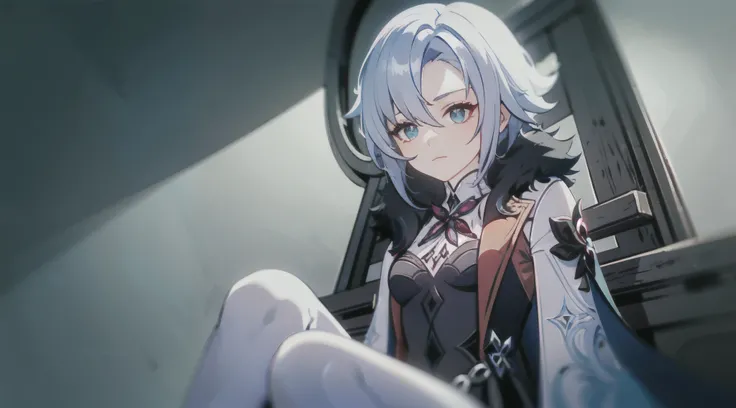 1girl, (solo), ((masterpiece)), (shadow), [slim], (small breasts), (detailed), cinematic lighting, (textured skin), ((sharp focus)), ((very clear)), winter coat, leggings, shoes, palace, (throne:1.2), white hair, black hair, blue eyes, (cross-shaped pupils...