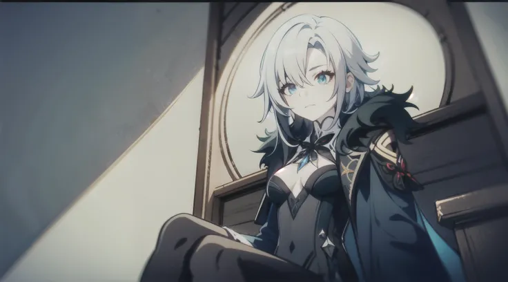 1girl, (solo), low angle shot, ((masterpiece)), (shadow), [slim], (small breasts), (detailed), cinematic lighting, (textured skin), ((sharp focus)), ((very clear)), winter coat, leggings, shoes, palace, (throne:1.2), white hair, black hair, blue eyes, (cro...