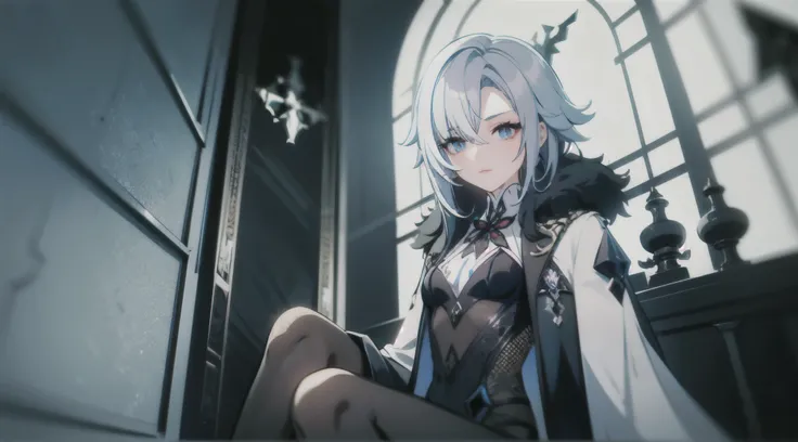 1girl, (solo), full shot, ((masterpiece)), gothic-style mansion, (shadow), [slim], (small breasts), (detailed), cinematic lighting, (textured skin), ((sharp focus)), ((very clear)), winter coat, leggings, shoes, palace, (throne:1.2), white hair, black hair...