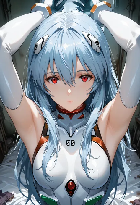 best quality, masterpiece, looking at viewer, 1girl,portrait of r31ayanam1, Dirty bedroom in an abandoned building, Old bed, 1girl, blue hair, red eyes, long hair style, from above , white plugsuit, Armpit , Random pose