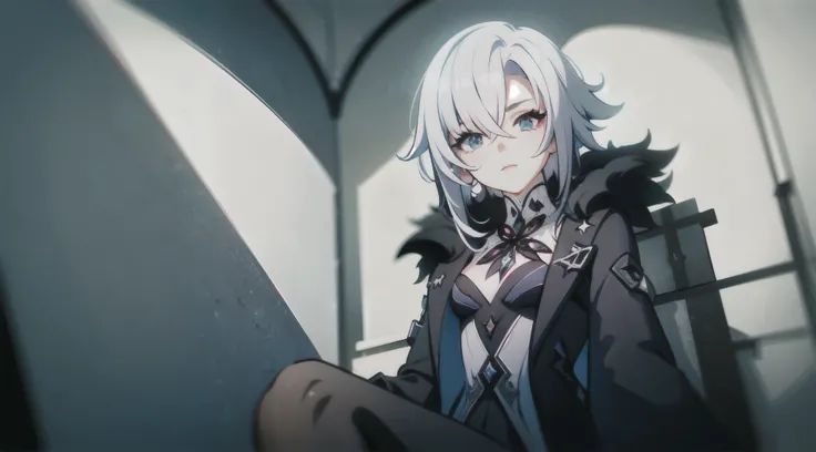 1girl, (solo), full shot, ((masterpiece)), gothic-style mansion, (shadow), [slim], (small breasts), (detailed), cinematic lighting, (textured skin), ((sharp focus)), ((very clear)), winter coat, leggings, shoes, palace, (throne:1.2), white hair, black hair...