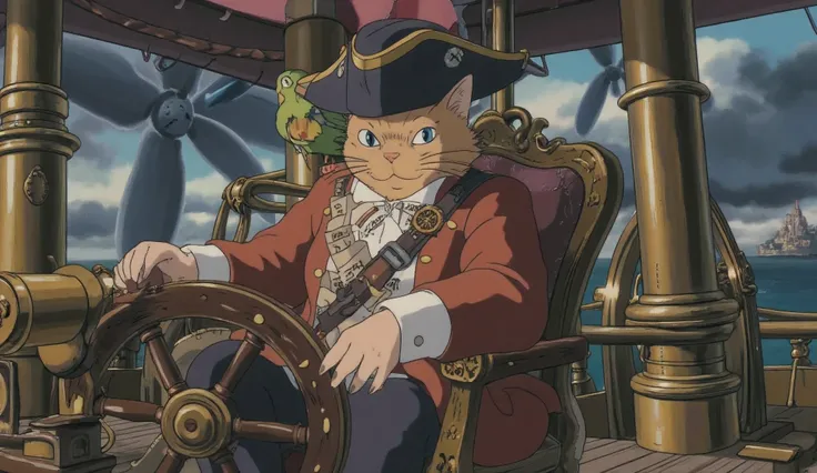 Stellar Migration A flamboyant steampunk sky pirate cat, a lean and battle-scarred Maine Coon with piercing sapphire-blue eyes, wearing a leather long coat reinforced with brass rivets, an oversized tricorn hat decorated with intricate gears and feathers. ...