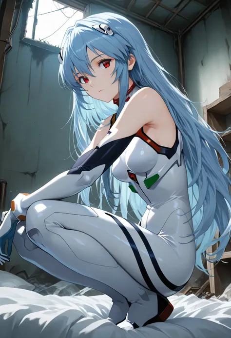 best quality, masterpiece, looking at viewer, 1girl,portrait of r31ayanam1, Dirty bedroom in an abandoned building, Old bed, 1girl, blue hair, red eyes, long hair style, white plugsuit, Armpit , Squatting, on side, from below