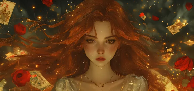create an image of a renaissance-looking woman at the far left side of the image with her red hair flowing across to the far right, with tarot cards and roses scattered all around her