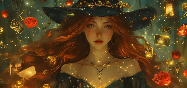 create an image of a renaissance-looking woman at the far left side of the image with her red hair flowing across to the far right, with tarot cards and roses scattered all around her