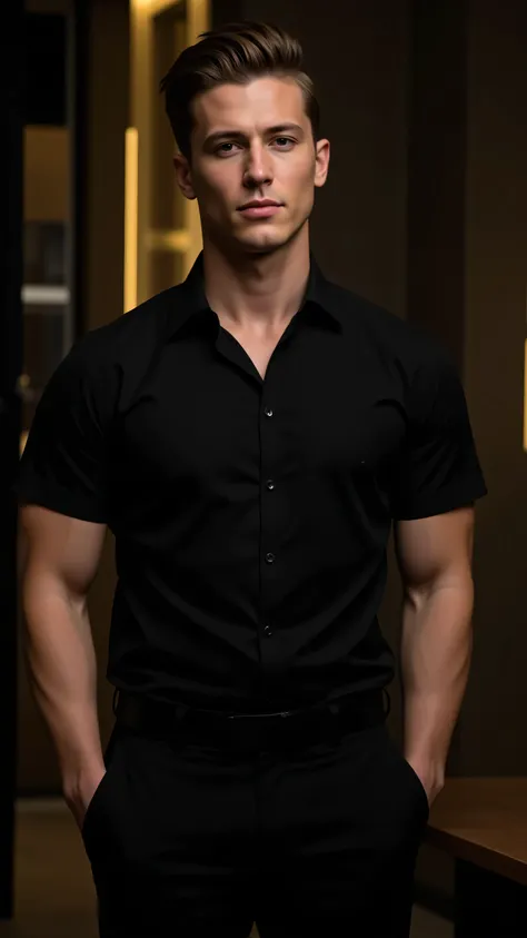 Full-body shot, high-end corporate office background with dark gold and black decor, short slicked-back hair, fitted black button-up shirt with sleeves rolled up, revealing muscular forearms, tailored black trousers, confident and powerful aura, exuding do...