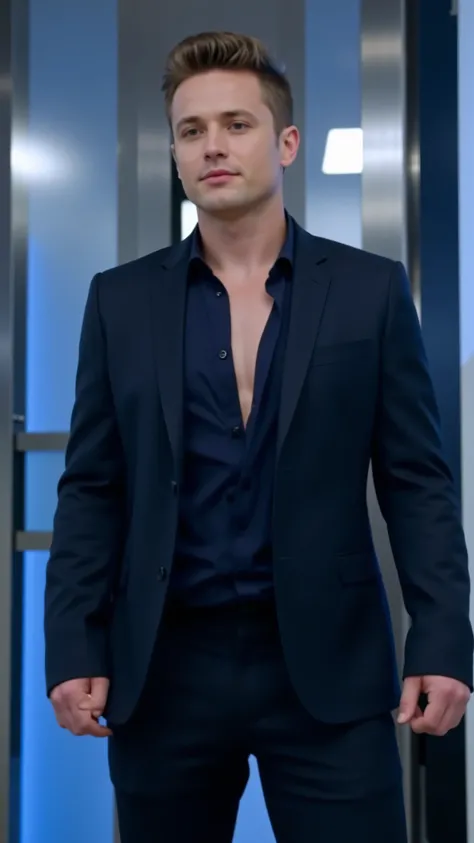 Full-body shot, sleek modern office background with blue and silver accents, short neatly styled hair, tailored dark blue suit with an open-collared shirt, exuding an aura of calculated coolness, muscular physique subtly visible beneath the fitted suit.