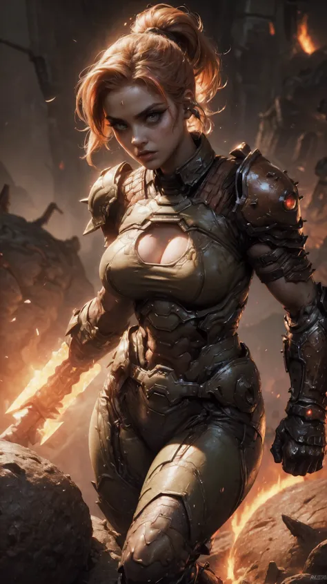forced perspective, VERY CLOSE , portrait of the face, Close-up major, raw, young lady , thin, athletics, pale skin, mujer doom slayer, with fiery hair, a long ponytail, big cristaline eyes, bright eyes, made up, she wears the armor of the doom slayer, ba...