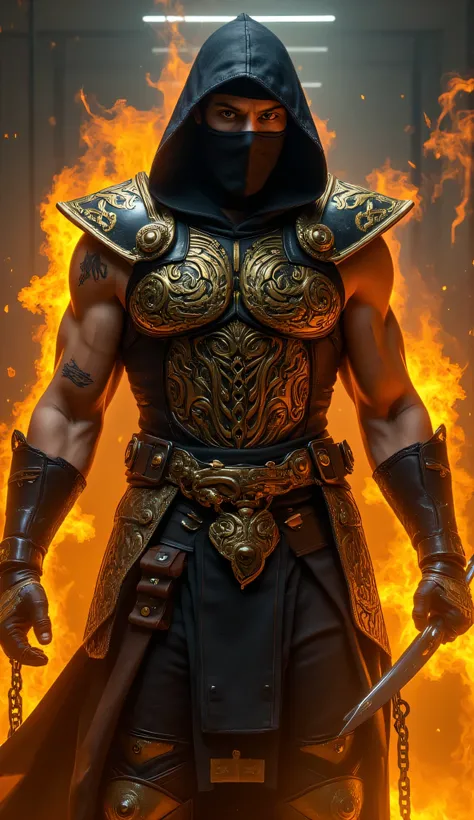 "Full-body shot, ultra-realistic, same corporate office background, clad in his iconic battle-worn black and gold ninja armor, intricate flame-like engravings on the chest plate, hood partially covering his head but leaving his intense eyes visible, muscul...