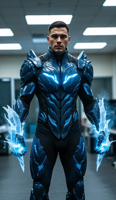 "Full-body shot, ultra-realistic, same modern office background, clad in his legendary blue and black armored ninja suit with intricate frost patterns, high-collared chest plate, his short, neatly styled hair remains the same, glowing ice-blue eyes, frost-...
