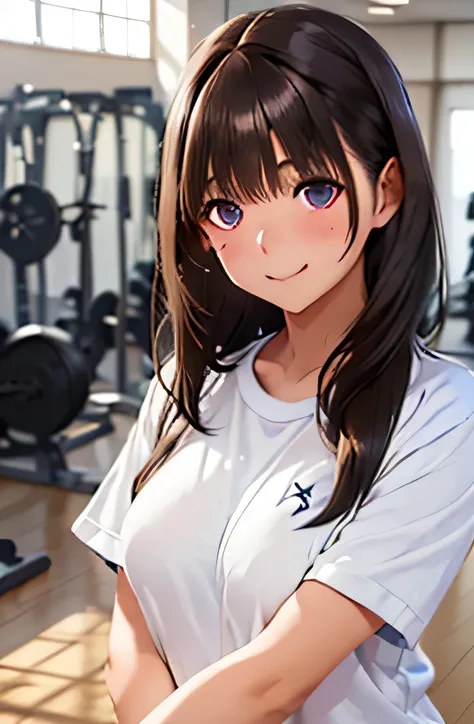 ((1 girl,solo))((black brown hair,long hair))(((buruma), dark blue buruma, school, gym shirts, white shirts, white t-shirts, short sleeves, gym uniform))((thigh))((indoor))((standing))((v-shaped eyebrows))((half closed eyes))((sharp eyes))((sweat,blush,clo...