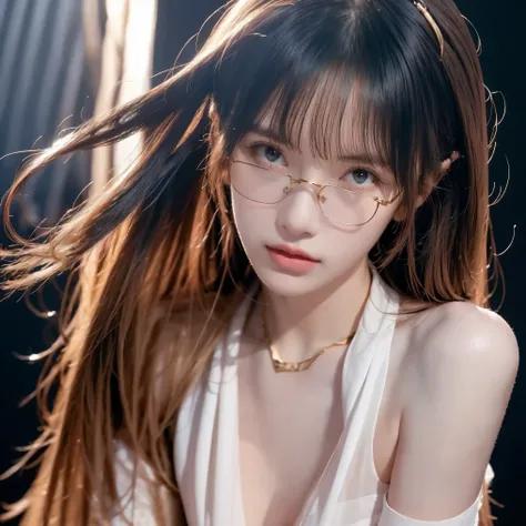 A 21-year-old girl，(( squint )),(long black hair，Straight Hair)(white translucent white shirt business wear，tie，The neckline is slightly untied) Girl with flax-colored hair who looks up slightly at，looks at the camera， ，((Wearing gold-rimmed glasses)),supe...