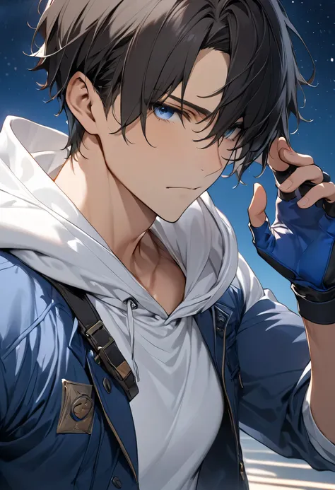 (masterpiece,  best quality :1.2), dark haired young man"Asuka", clothing: white hoodie with blue jacket ,  fingerless driver's gloves,  upper body focus ,  bust up shot ,simple background with a starry sky on one side, The act of retightening gloves on a ...