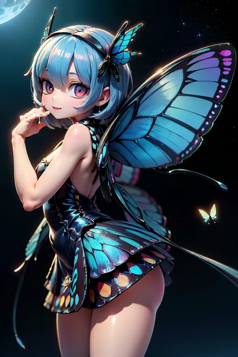 solo,  Female 1,cute, cute,small ,Skin color is white,(   ballerina pose   :1.5),(eyes that shine like cobalt blue jewels:2.5),( eye-catching highlights ,  reverse exchange:2.5),(Cobalt blue semi-long:1.2),(laughing:1.2),(has large morpho butterfly wings g...