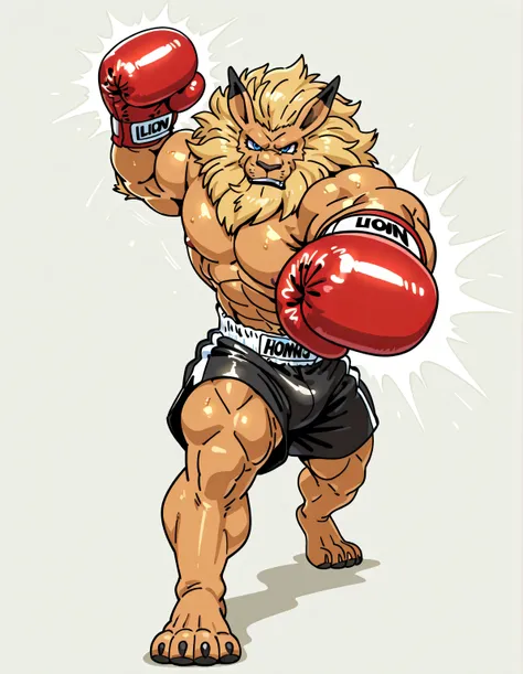 leomon, anthro, blue eyes, furry, solo, lion, male, mane, high quality, simple background, cel shaded, big body, thick arms, muscular, full body, glistening body, looking at viewer, boxing gloves, boxing trunks, muscular legs, thick legs, posing, stern fac...