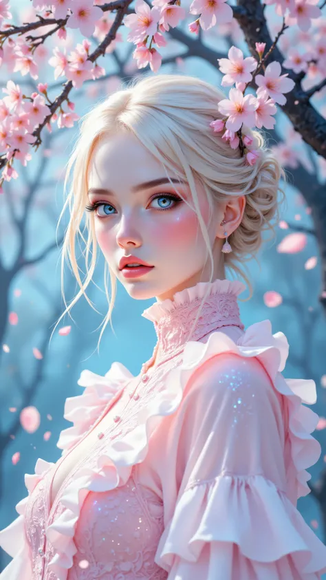 8k, Masterpiece, Top Quality, Low-angle, three-quarter view. Pale skin, light hair, updo. Shimmering, iridescent, light pink, ruffles, high collar. Serene, slightly tilted head. Pastel blue, translucent pink, cherry blossoms, , petals, ethereal.